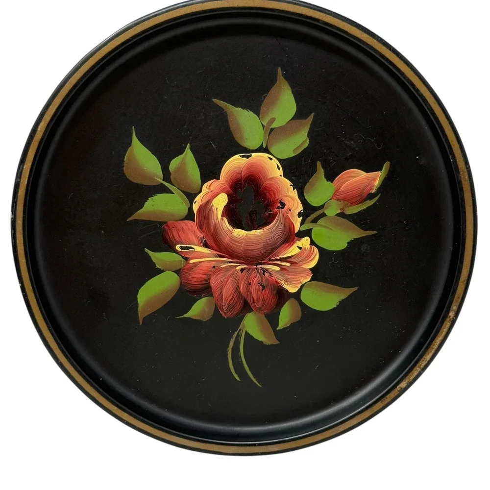 Vintage Hand Painted Tole Tin Plates Set of 4 Black Floral Rose Wall Decor 8